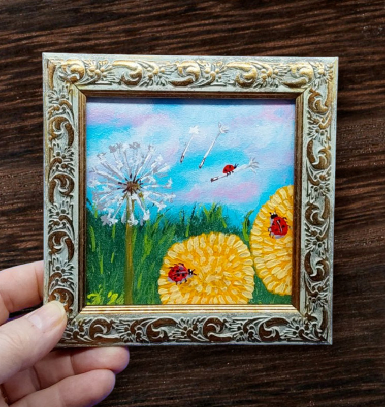 Wildflowers Dandelions ladybug Original Painting Small Gift Handmade Wall Art gallery