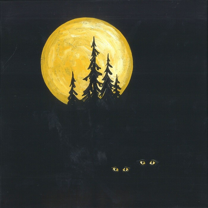 4×4 Print of Painting Ryta Halloween Black Cat Art Haunted Forest Full moon