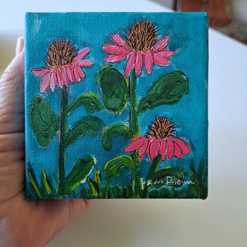 Pink Cone Flowers » 3 Girls In My Garden» Original Acrylic Painting On Canvas 4″
