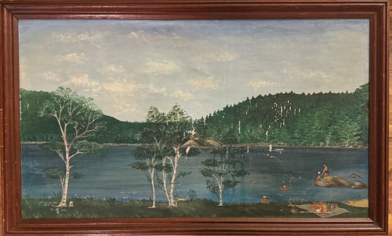 Vintage Robert Grunlund Style Americana Orig Folk Art Framed «MIRROR LAKE» 1950