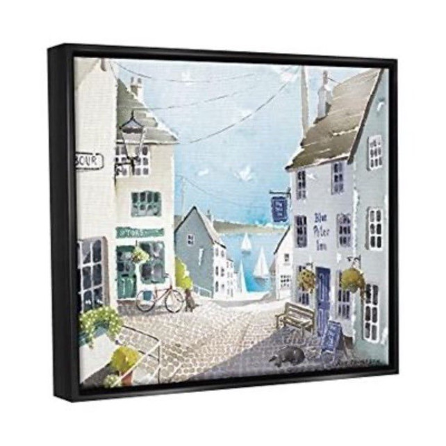 Framed Modern Seaside Village Street Scene Canvas Painting with Inn
