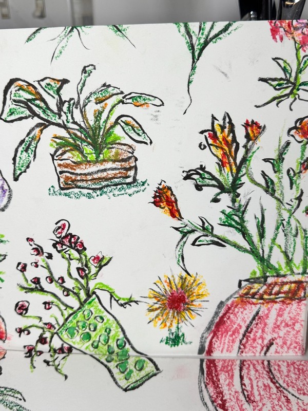 Original Mixed Media Floral Artwork 17x17 Whimsical Vase Drawing Oil Pastel Wall gallery