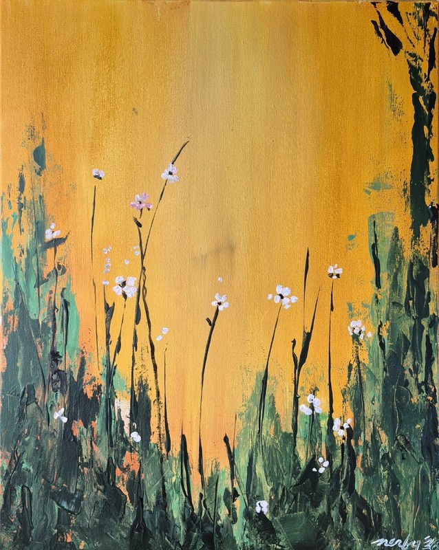 Original Signed 16x20 Golden Abstract Botanical Painting Acrylic Canvas Art C023 gallery