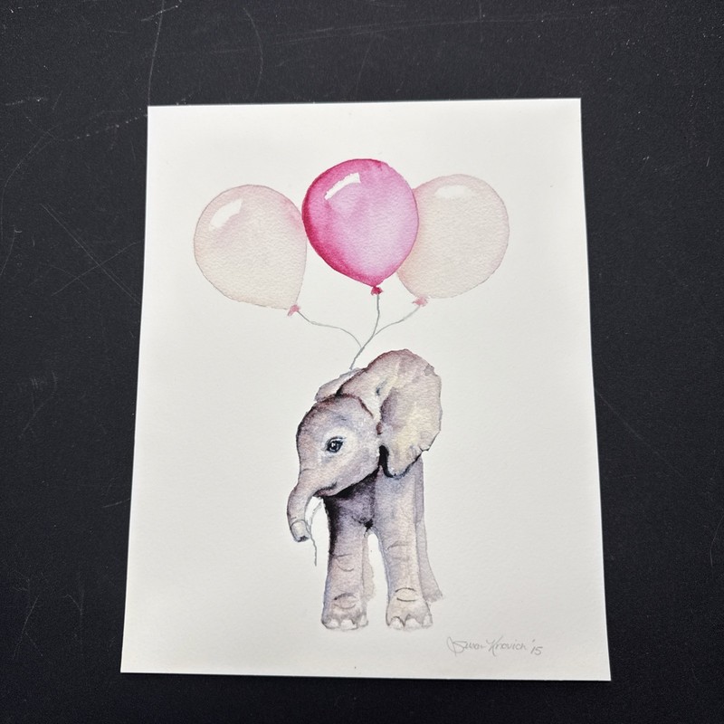 Original Watercolor Baby Elephant Pink Balloon Signed Susan Khovich 2015 Nursery