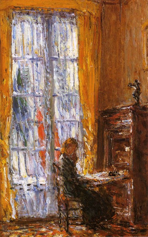 Oil painting young woman lady At-the-Writing-Desk-Frederick-Childe-Hassam-canvas