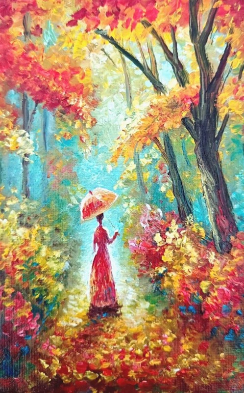 Original Autumn Trees Woman with Umbrella Walk Oil Canvas Painting Signed