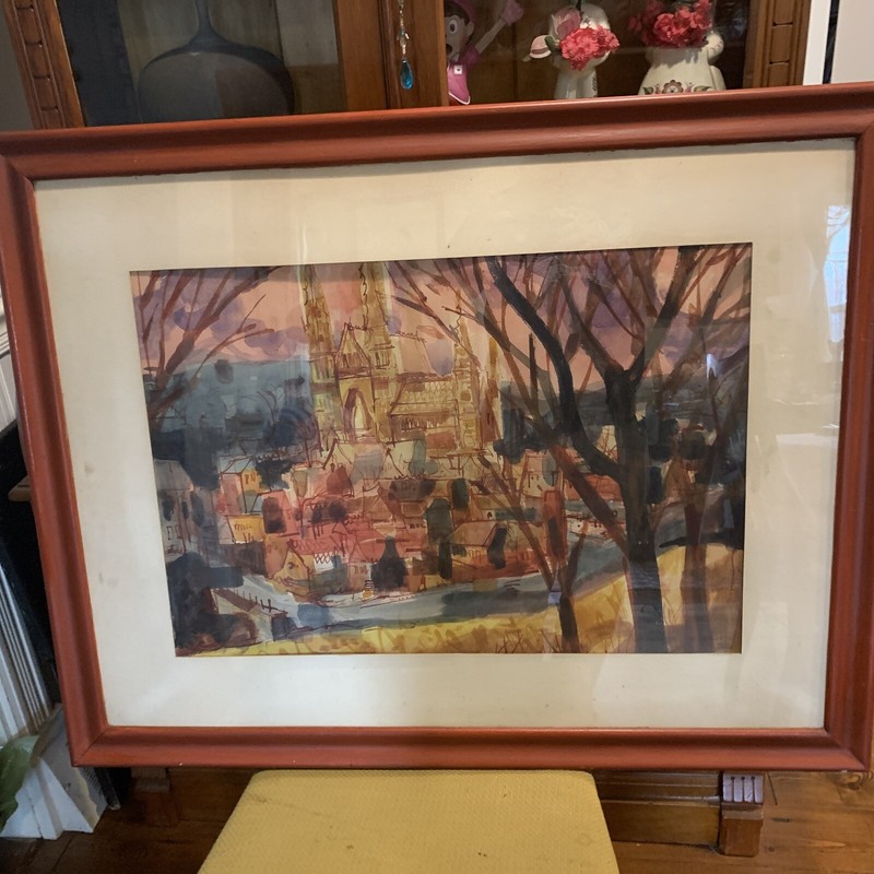 Gouache Watercolor Painting Church 37x30” by Aldo German French Cityscape rare gallery