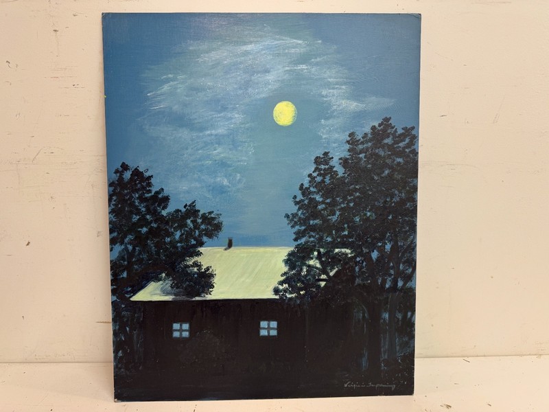 House Night Scene Painting on Board Midwest Regional Artist Virginia Terpening