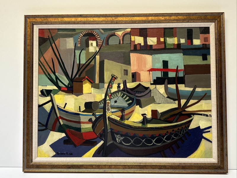 Mid Century Painting Colorful Boats Italy Italian Modernism Tricomi 1960’s Oil