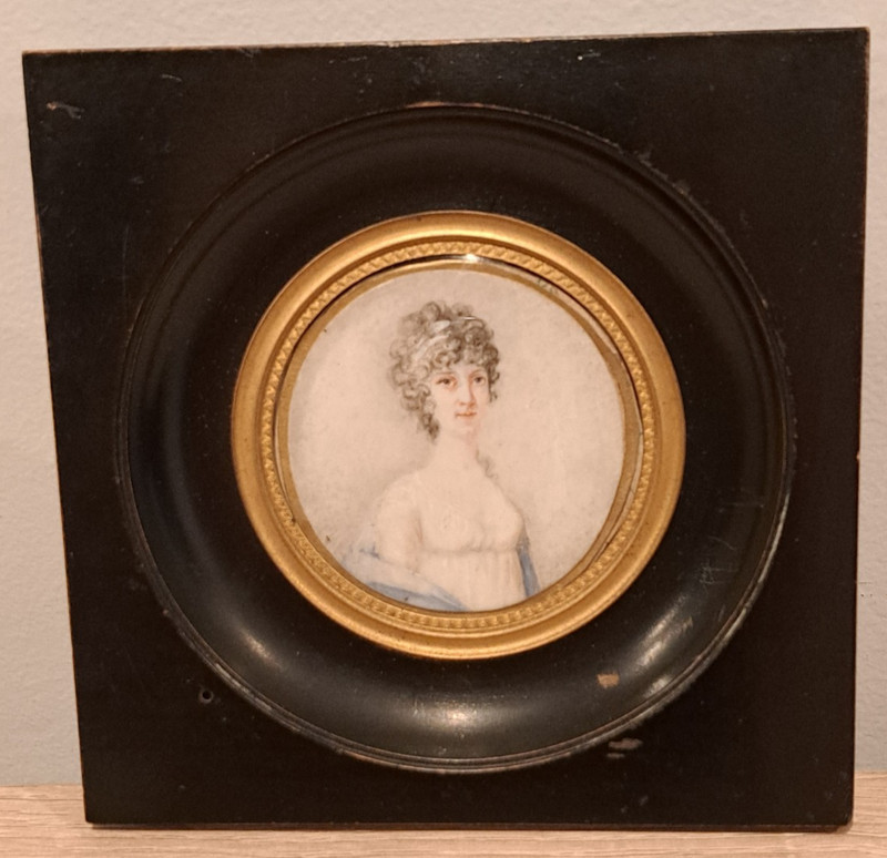Antique Miniature English Portrait Painting of Georgian Lady in Ebonized Frame gallery