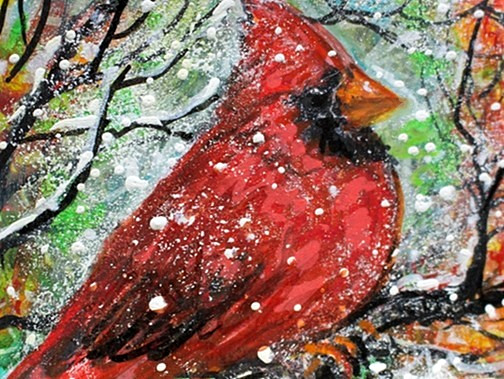 ORIGINAL Male Cardinal Bird ACEO PAINTING Winter Red BIRD Snow Animal Nature ART