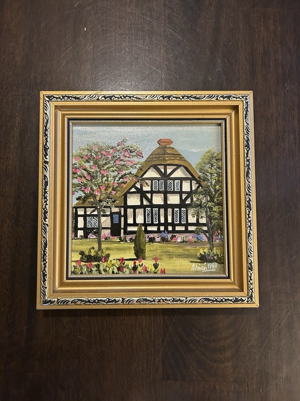 Vintage 1981 Adrien Yambo Oil Painting English Tudor Cottage Landscape Framed