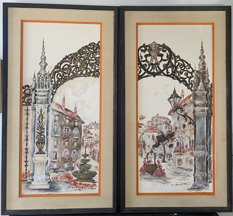 Pair Mid Century European Street Scene Paintings C Seldon Gateway to City