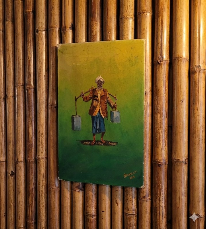 1964 J Hamley Oil Painting Original Hindu Man Carrying Jugs Yellow Green 11.5×8