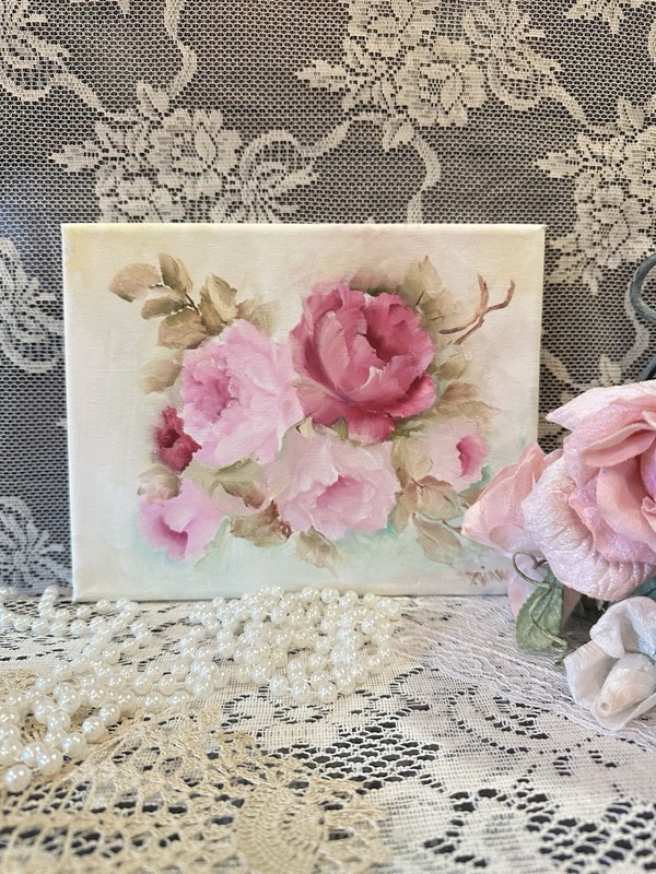 Pink / Cranberry Roses Hand painted Oil 8×10 canvas ShabbyVintage Style Signed