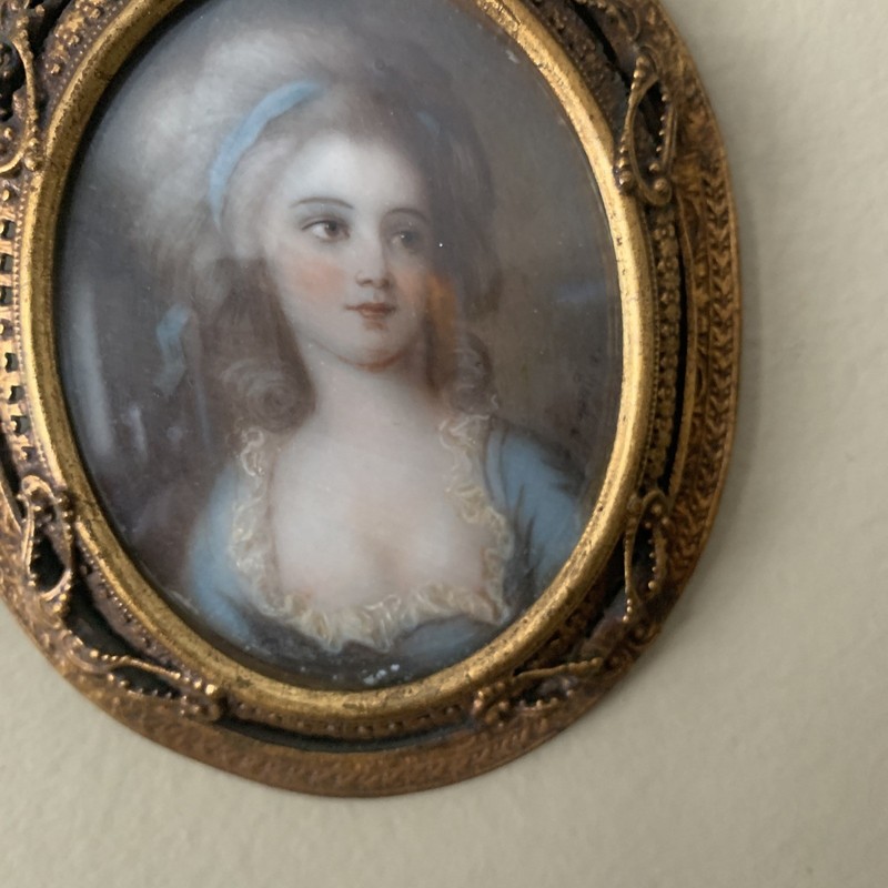 Antique Miniature Portrait Of Countess Potocka in blue dress Signed ? Kopalka gallery