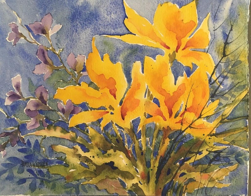 Original Watercolor 8”X10” Yellow Lilies Purple Blooms Floral By Pamela Wilhelm
