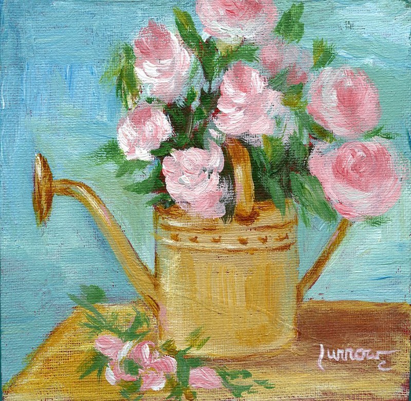 ORIGINAL ART STILL LIFE PAINTING WATER BUCKET ROSES SENTIMENTAL USA SUE FURROW