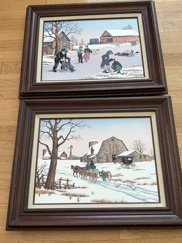 C Carson “Amish Winter Landscape” Framed Serigraph Paintings Snowy Winter Farm gallery
