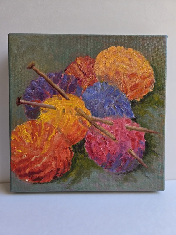 Knitting Painting Ell Barber Signed 10" Square Wrap Canvas Acrylic Colorful Art gallery