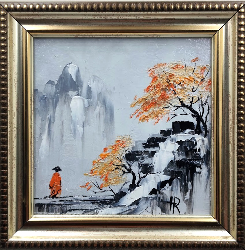 Original Oil Painting 4×4 in Framed Signed Abstract Japanese Landscape Impasto