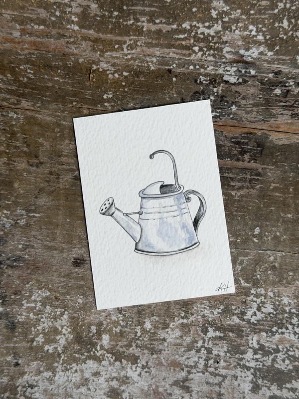 ACEO Original Folk Art Watering Can Watercolor 2.5x3.5” by Magdalina Studio