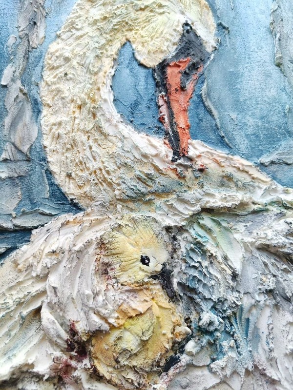 Original Volume Oil Acrylic Painting Wall Textured Art Mother Swan & Baby 12x8in gallery