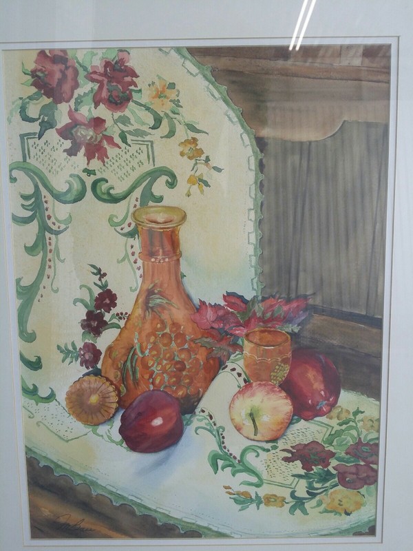 CHARMING WATERCOLOR STILL LIFE "WINE & TAPESTRY" COLO ARTIST MARY CARLSON BASS! gallery