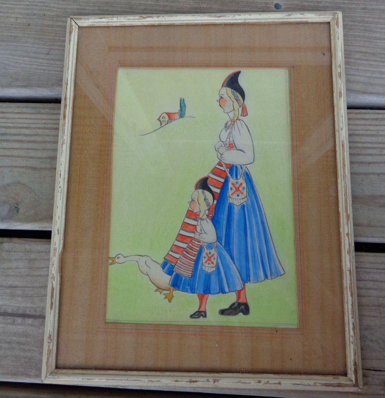 Mother Daughter Goose Watercolor Folk Art Framed Signed Talbot VTG WEAR