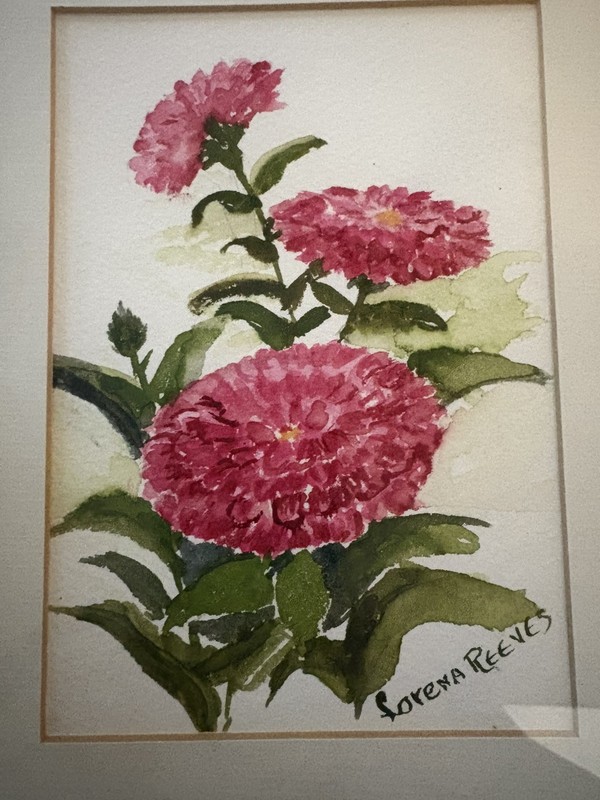 Set of Watercolor Paintings Pink Dahlias Blue Cornflowers Framed Signed 12x9.5” gallery
