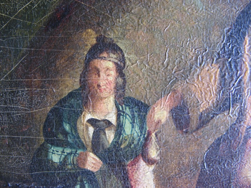 c1700s WINKING PEASANT GIRL & HORSEMAN Risque Oil Painting on Wood Panel ENGLISH gallery