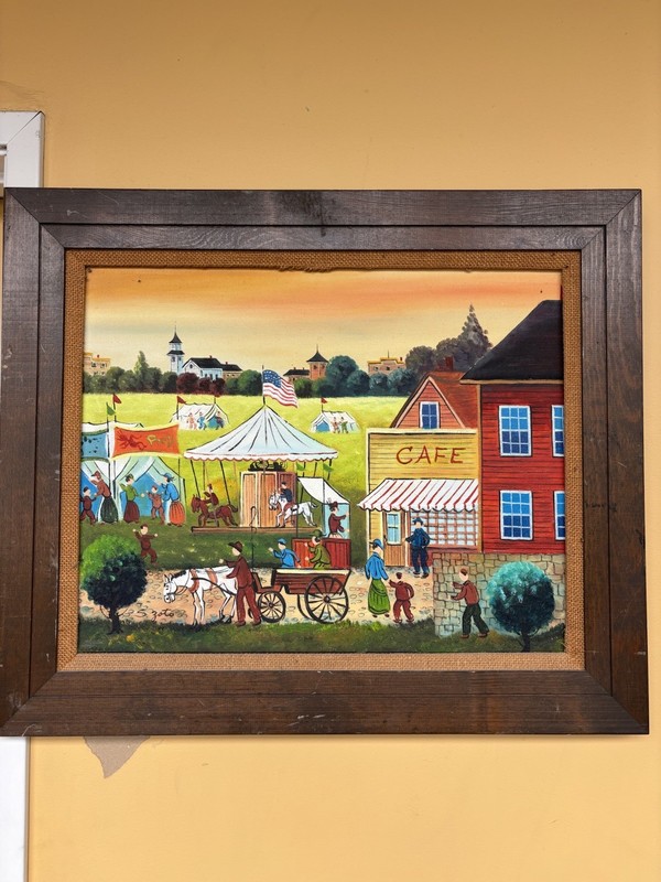 Original Folk Art Oil Painting Signed S. Zoto Carnival Fair Scene