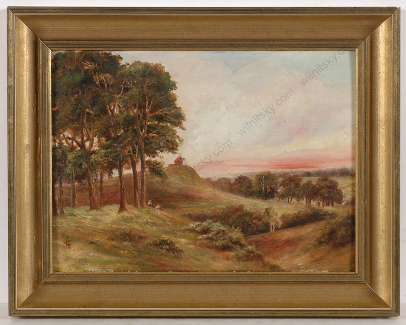 Tom Campbell (1865-1943) «Landscape with figures», oil on cardboard, ca.1900