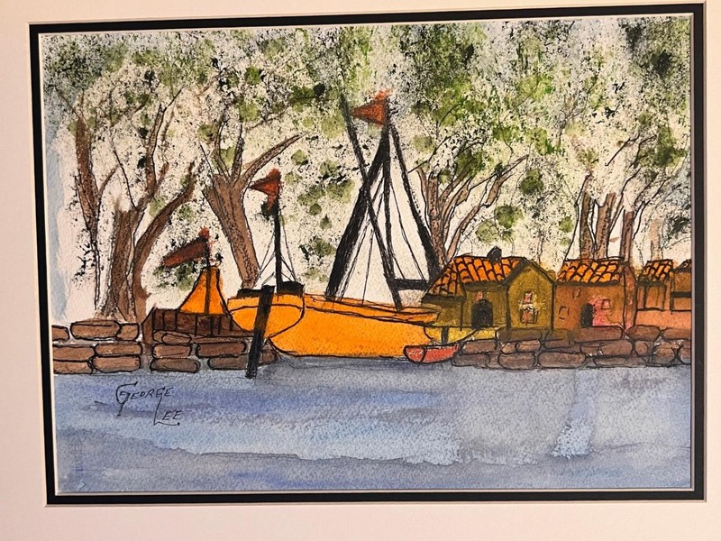Vintage Artist Signed Watercolor & Gouache Painting Sailboats Houses Trees
