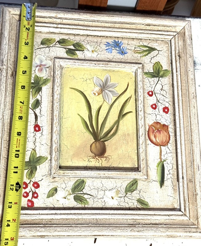 Flower Crackle Look Picture Built In Frame 13x15 Painted Cream, Green, Blue Red gallery