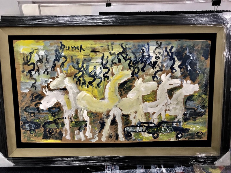 Purvis Young Large White Horses Autos Black Original Unique Signed Framed COA
