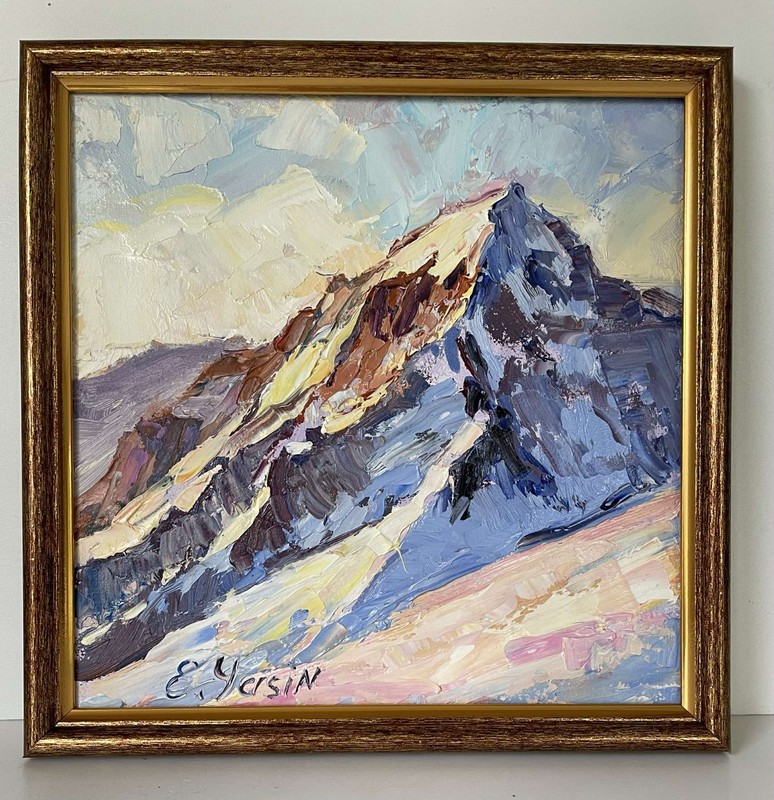 Original oil painting Sunlit Mountain Peak Textured Alpine Landscape Art 8×8