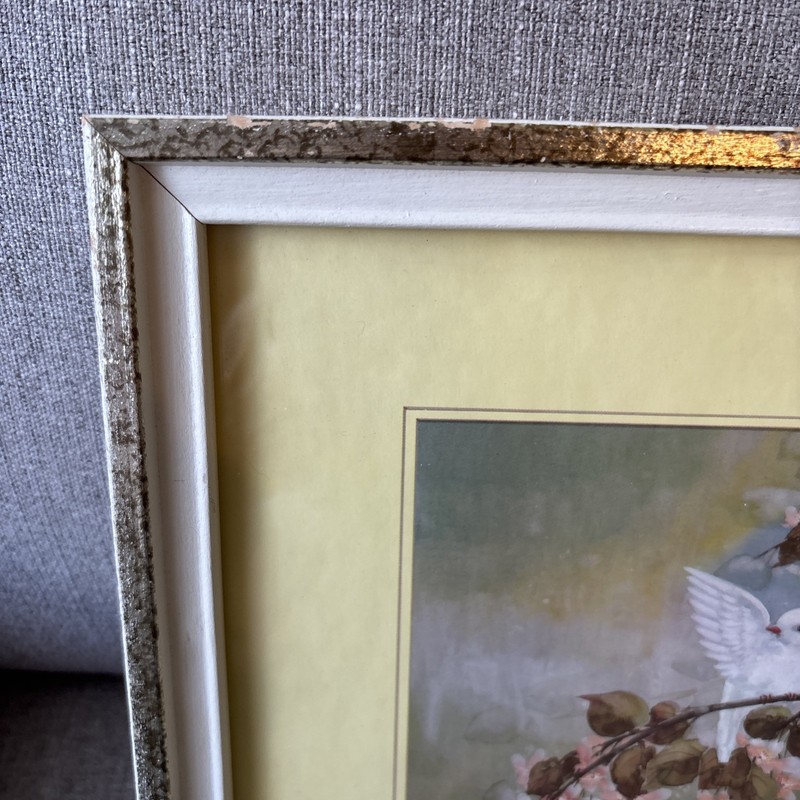 Pair of 198 1 Asian Gouache Lithographs of Doves J. Cheng W/Watercolor Accents gallery