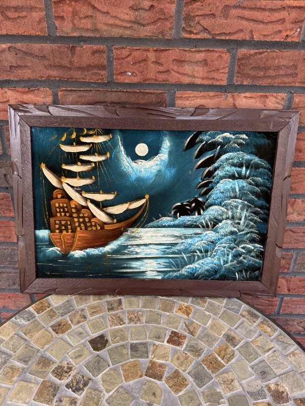 Vintage Wall Art Oil Painting on Black Velvet Ship Moon Night Sky Frame 21" x 15 gallery