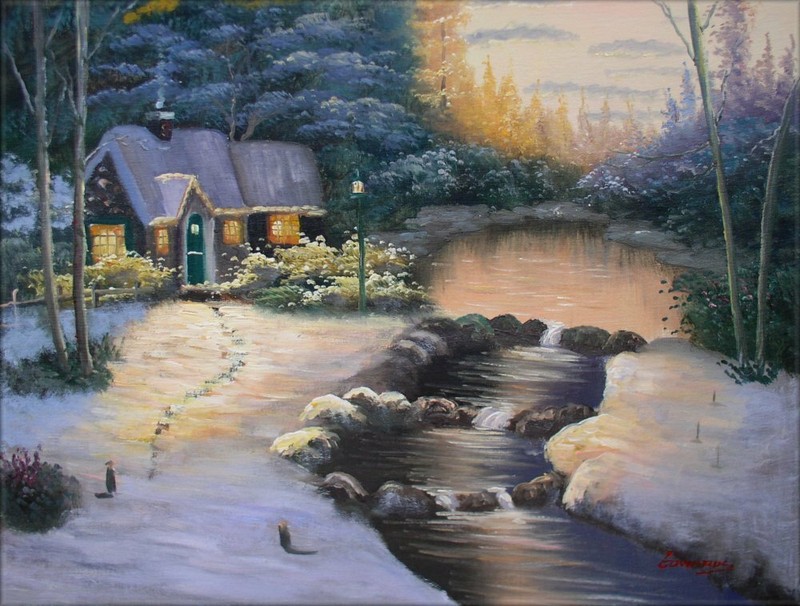 Framed Quality Hand Painted Oil Painting, Snowing landscape - 18, 12x16in gallery