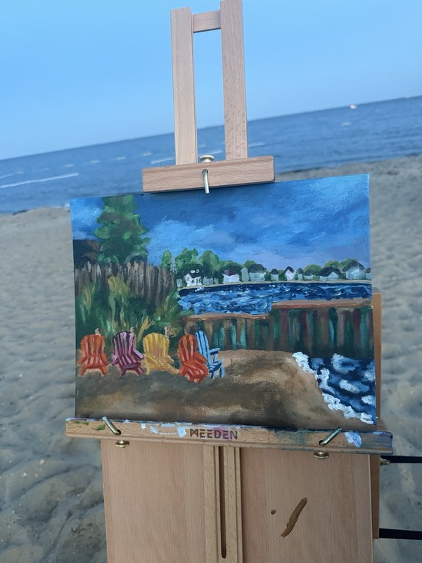 Impressionist Seascape Beach Ocean Chairs signed and framed