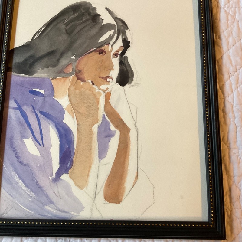 90s woman portrait original watercolor PAINTING framed hand painted gallery