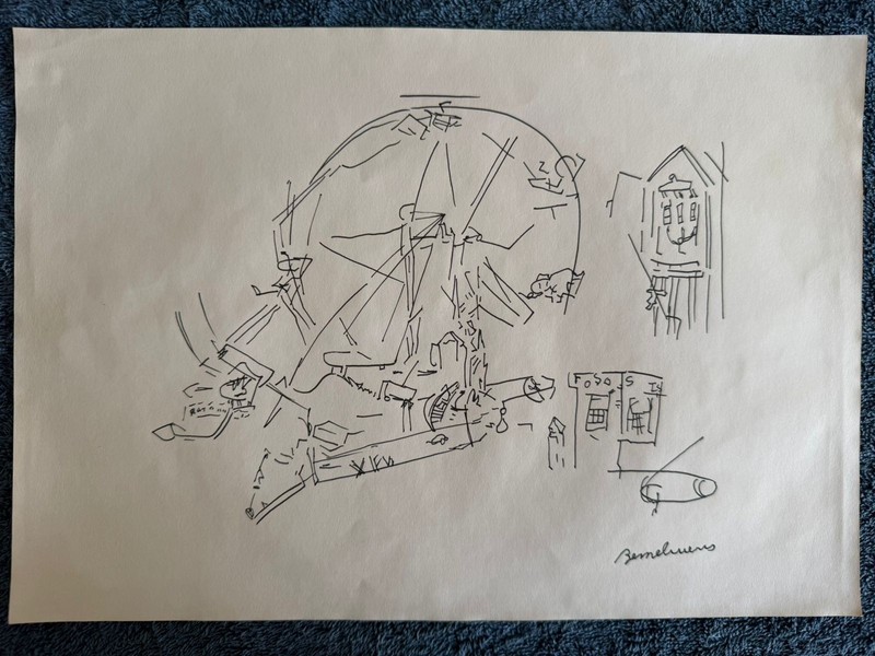 LUDWIG BEMELMANS drawing and painting on old paper signed stamped vintage