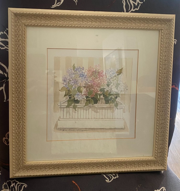 Framed art print of hydrangeas in a window planter by artist C. Winterle Olson