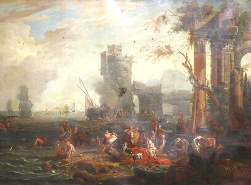 Antique Painting, Oil on Canvas, "Capriccio Of A Harbor", Framed, 18th C, 1700s gallery