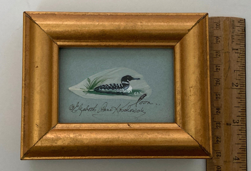 Framed Feather Art Acrylic Painted Loon on Swam Lake Signed Wall Art 4″ x 5″