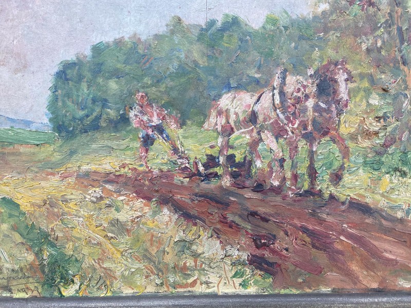 Oil Painting Horse Team Field Work Horse Oil Unreadable Signed 1932 gallery