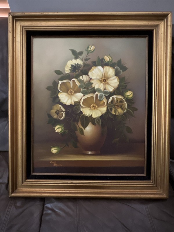 Original Oil Painting Signed By Gary Brooks Floral Arrangements Theme Golden