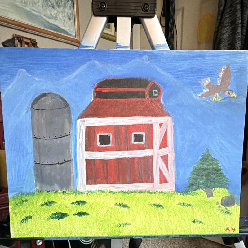 Folk Art Farm Red Barn Silo Tree Bird Painting on Canvas, Signed AY, Unframed
