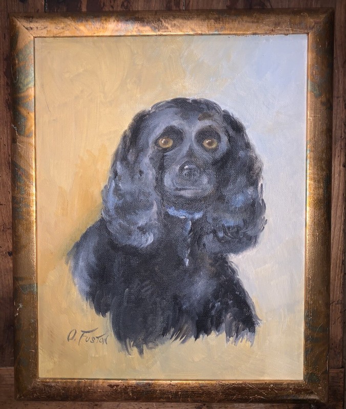 Original Signed O Fuston Black Cocker Spaniel Terrier 13”W 16”T (11×14) Canvas
